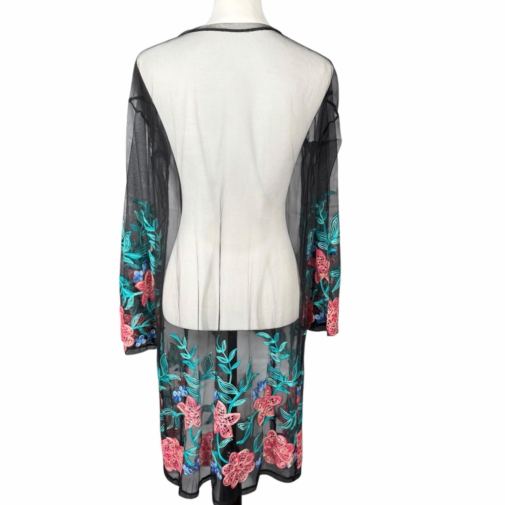 Janice Apparel Duster O/S Black Sheer Embroidered Boho Kimono Cover Up - Picture 3 of 6